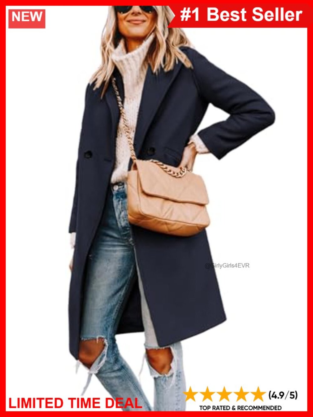 Wool Blend Notch Lapel Double-Breasted Peacoat Knee Length Overcoat